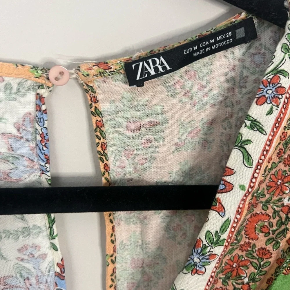 Zara Short‎ Printed V-Neck Linen Blend Back Slit Jumper Floral Vacation